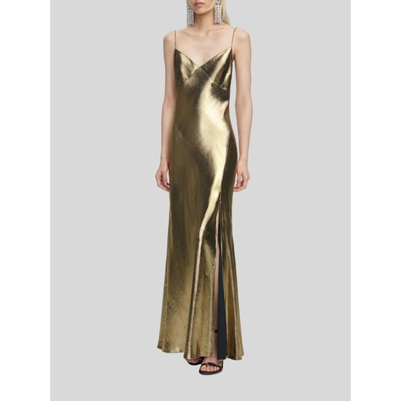 Meet the Posher Dresses & Skirts - Gold Metallic Strappy Maxi Dress Side Split Evening Gown Size US 6